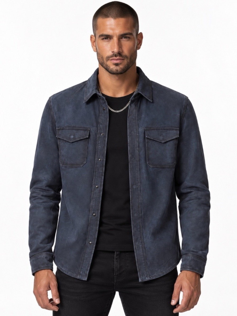 John Varvatos Men's Izzy Suede Shirt Jacket 2 Pocket Dark Blue Sz 50 US NWT